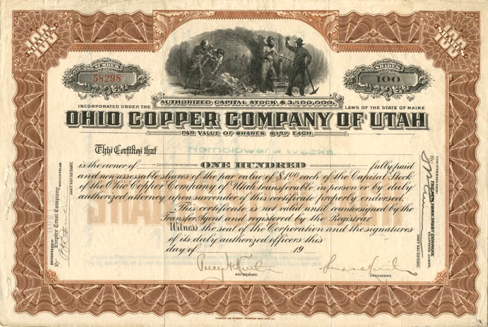 Ohio Copper Co. of Utah - Stock Certificate